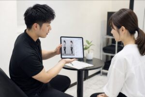 お客様の骨格を丁寧に説明しているトレーナーの様子